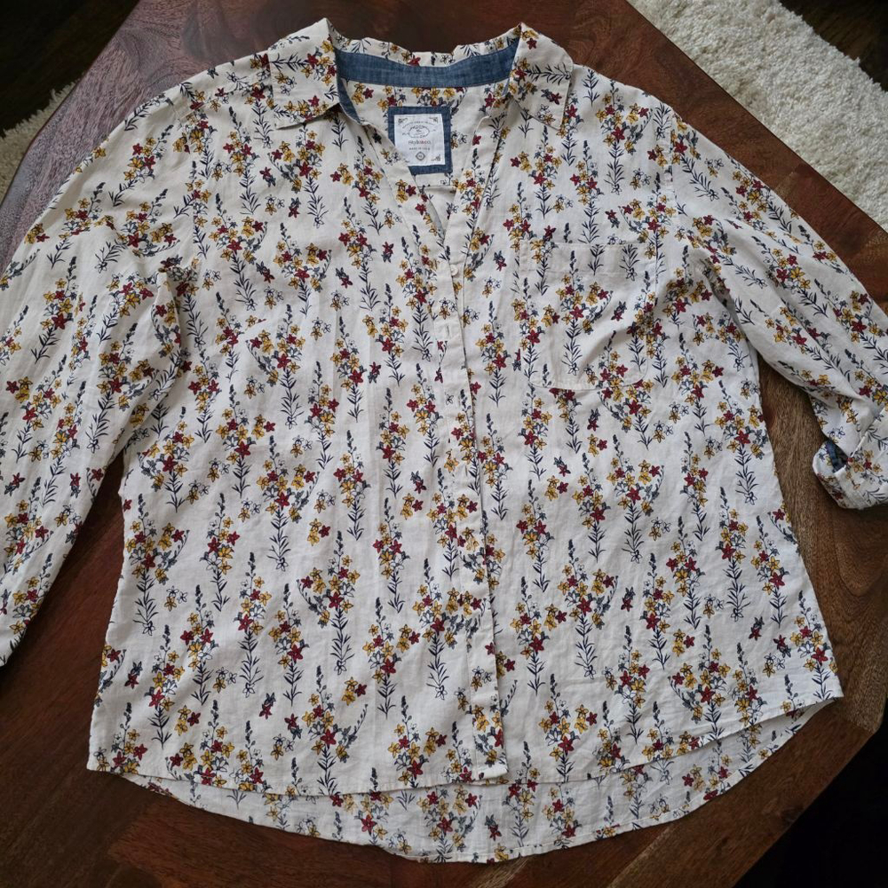 Women's Style & Co Floral Print Button-Up Shirt Red/Yellow/Blue‎ XL
